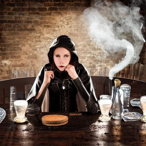 Prompt: Beautiful young woman is sitting near a round table with beer mugs, a dagger stuck in table, a map and lockpics on it. She is dressed as a fantasy thief in black leather armor, a caped cloak. She is looking straight ahead, her eyes wide open and speak something. She looks mysterious and mystical. The tavern is hard to see because of the smoke and the smoke of a large fireplace and torches. Fantasy art, high detail, 4k