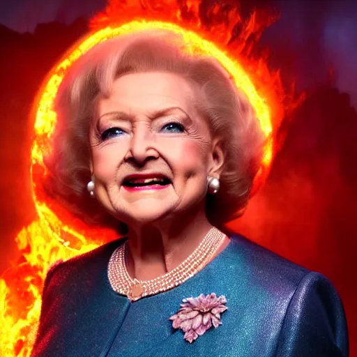 Image similar to stunning awe inspiring betty white the queen of hell surounded by fire, lava and demons, movie still 8 k hdr atmospheric lighting