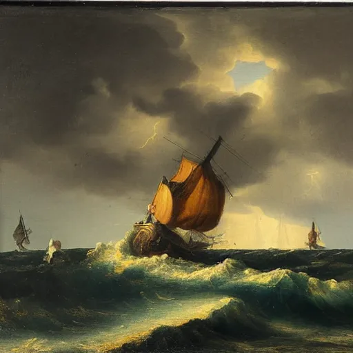 Image similar to dutch master style oil painting of a stormy night at sea, high art