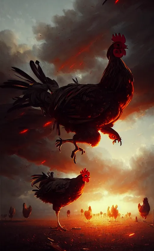 Image similar to chicken apocalypse, wide angle shot by greg rutkowski