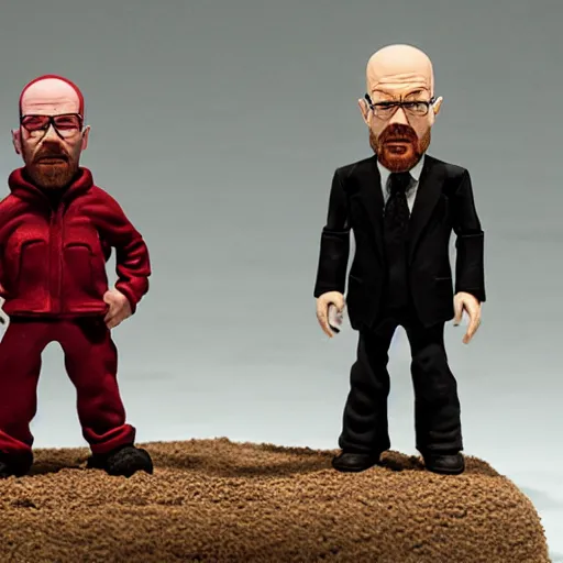 Image similar to two claymation figures of walter white and jesse pinkman, studio lighting