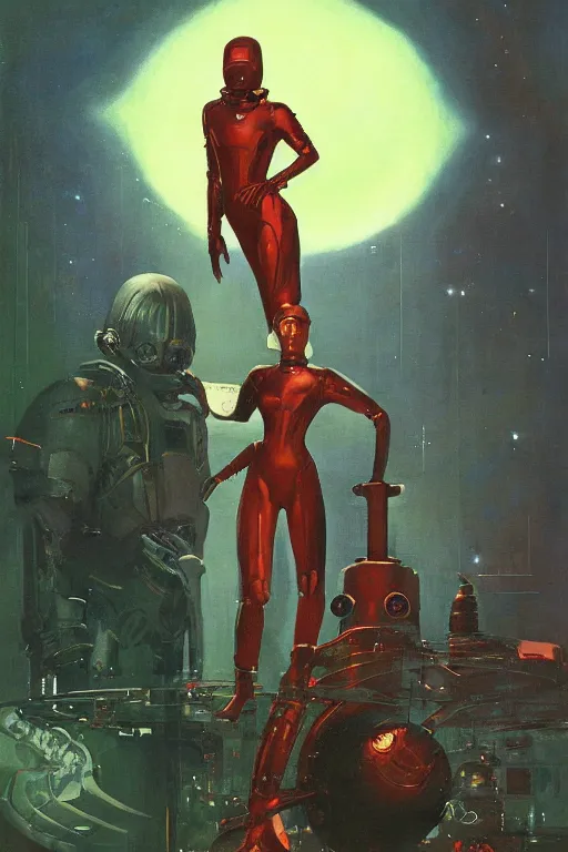 Image similar to pulp scifi fantasy illustration full body portrait of elegant woman wearing latex spacesuit standing beside martian warrior, by norman rockwell, jack kirby, bergey, craig mullins, ruan jia, jeremy mann, tom lovell, 5 0 s, astounding stories, fantasy