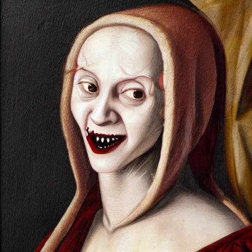 Image similar to an oil painting of an extremely ugly pale vampire woman smiling with skin condition in expensive renaissance dress, Renaissance painting, Renaissance Port City background, vampire teeth, 1450, holding paper fan