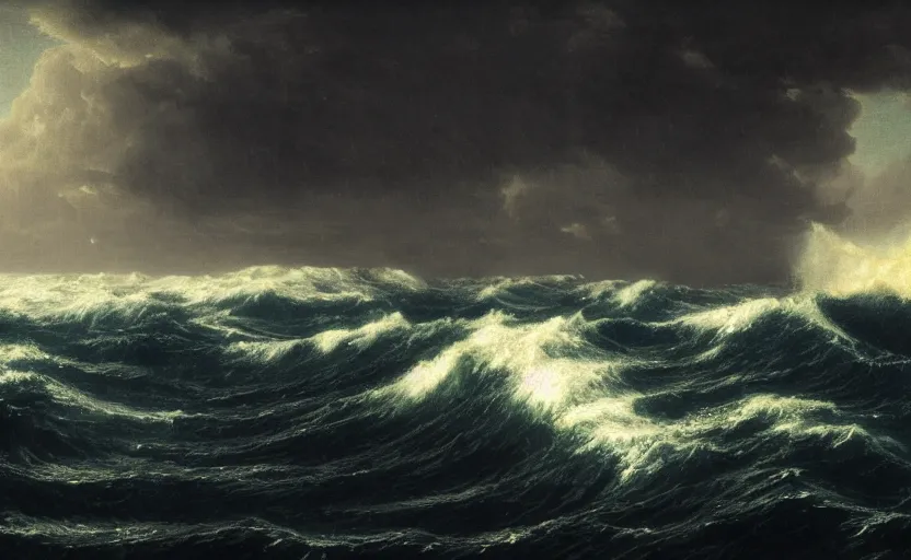 Prompt: middle of the ocean, large waves, no land, dark skies, close up shot, at dusk, 4k, rule of thirds, extreme detail, hazy, intricate ink illustration, surreal, surrealist, trending on artstation, cgsociety, hd, complimentary colours, realistic lighting, by Albert Bierstadt, Frederic Edwin Church.