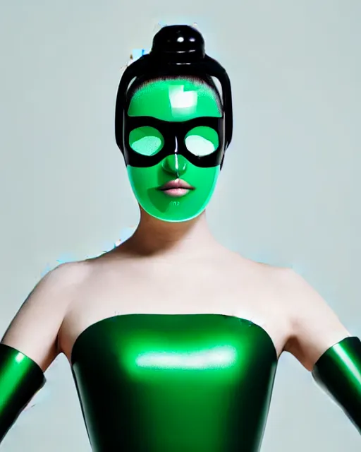 Prompt: symmetrical close - up portrait of a woman wearing a emerald green silicone beauty mask and hair buns, wearing a black bodysuit by alexander mcqueen, cream white background, soft light, biotechnology, humanoide robot, bjork aesthetic, translucent, by rineke dijkstra, masterpiece,