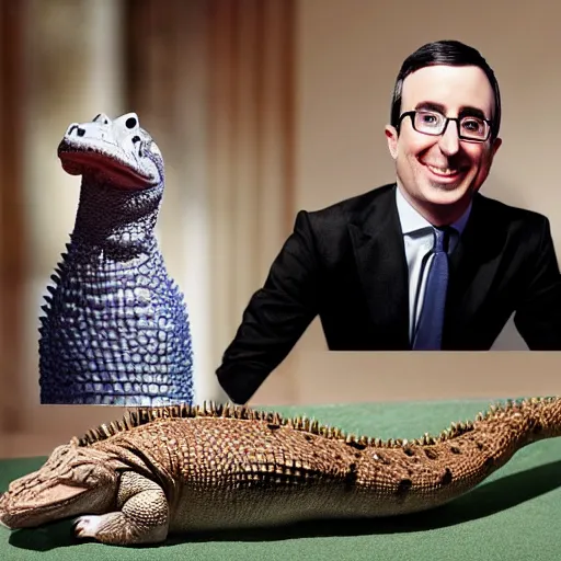 Image similar to john oliver as the queen of england, with a pet alligator