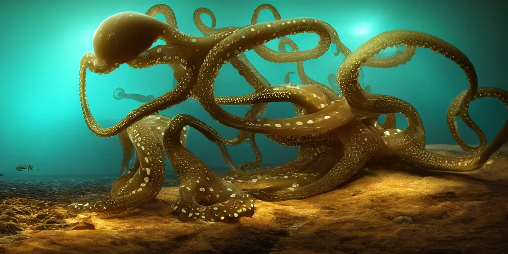 Prompt: night scene ocean view of transparent bodied bioluminescent octopus, and squid and nautilus and fearsome fish, octane render, cinema 4 d, light rays, cinematic lighting, golden ratio, underwater photography, realistic, volumetric lighting, wildlife documentary, by greg rutkowski