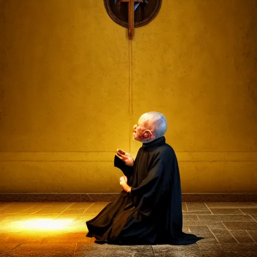 Prompt: A terrified old catholic priest in black garb kneeled on a stone floor in passionate prayer. His eyes are wide open with fear. Ominous dramatic yellow lighting. High angle shot, award-winning digital art, trending on ArtStation