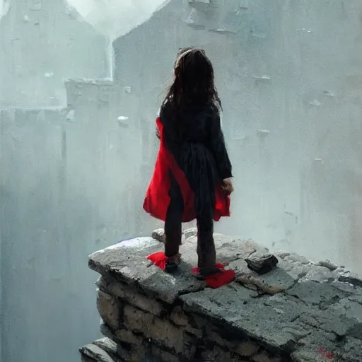 Prompt: a young girl wearing a red scarf around her neck standing on top of an impossibly tall wall, looking down at what is on the other side. she wears a white shirt and trousers and a very long red scarf around her neck that trails down a long way. beautiful fantasy painting by greg rutkowski