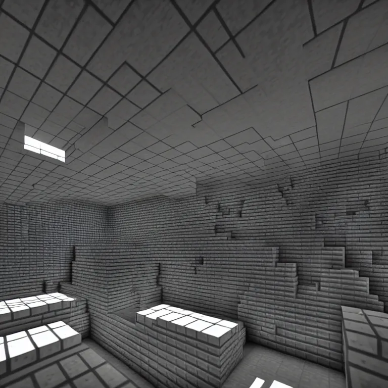 Prompt: Concrete gray multi-layered underground structure with multiple floors and a plus-shaped cleft in the center. Inside view, minecraft style, layers, straight lines, corners, high detailed, details, ultra realistic, photorealism, 8k, wide shot, symmetrical, brutalism, ray of light, architecture, volumetric lighting, cinematic, shadows