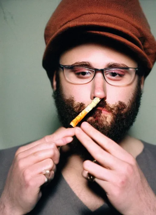 Prompt: photorealistic photograph of seth rogan smoking a joint, 3 5 mm film, fuji, leica s, nyc, in the style of fashion photography, intricate, golden hour sunlight, kodachrome