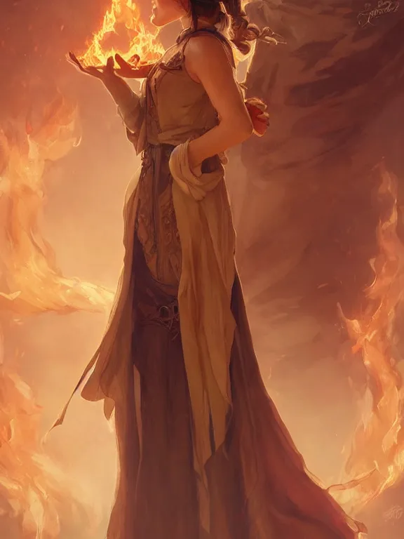 Prompt: young summoner with a fire elemental, fantasy, female, thick robes, intricate, elegant, highly detailed, digital painting, artstation, concept art, wallpaper, smooth, sharp focus, illustration, art by artgerm and greg rutkowski and alphonse mucha