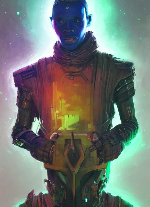 Image similar to a full body sci - fi portrait, oil painting, illustration of an old african jedi, techwear, colourful, glowing lights!! by justin sweet and greg rutkowski and alphones much