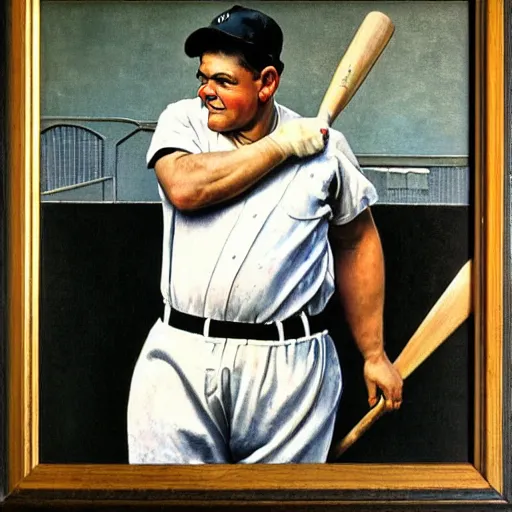 Image similar to a portrait painting of Babe Ruth. Painted by Norman Rockwell