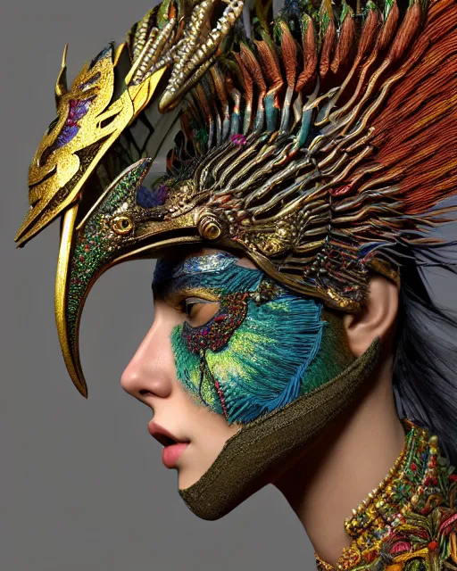 Prompt: 3 d warrior goddess close - up profile portrait. beautiful hyperrealistic intricate highly detailed chuu!! magpie helm and richly embroidered blouse, quetzalcoatl, bioluminescent, smolder, plasma, lava, ice, feather, windy, artwork by tooth wu and wlop and annie leibovitz, octane 3 d render