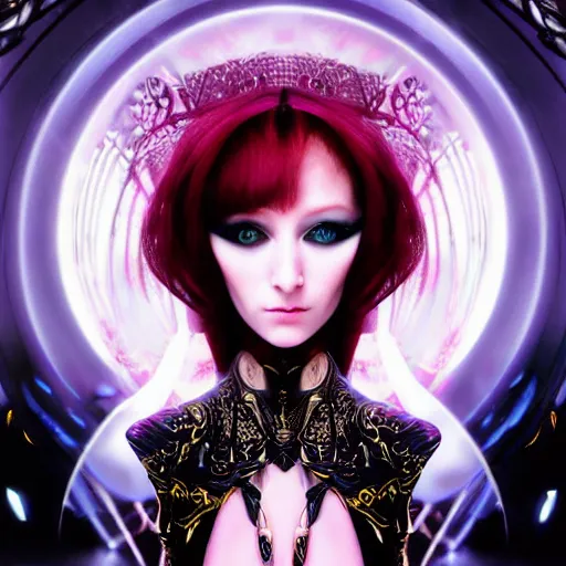 Image similar to A portrait of an ethereal, mysterious stunning maximalist mesmerizing elven girl from the rainbow sky paradise in Tron: Legacy (2010), high-tech, elegant, imposing, Victorian gothic lolita fashion, by Mark Ryden, artgerm, Hiroyuki-Mitsume Takahashi, WLOP, Goto Fujita, 奈良美智, Pixiv 3DCG, DAZ Studio, highly detailed, photorealistic, 8k resolution 3D, cinematic, dynamic lighting, octane render, close-up 35mm macro shot