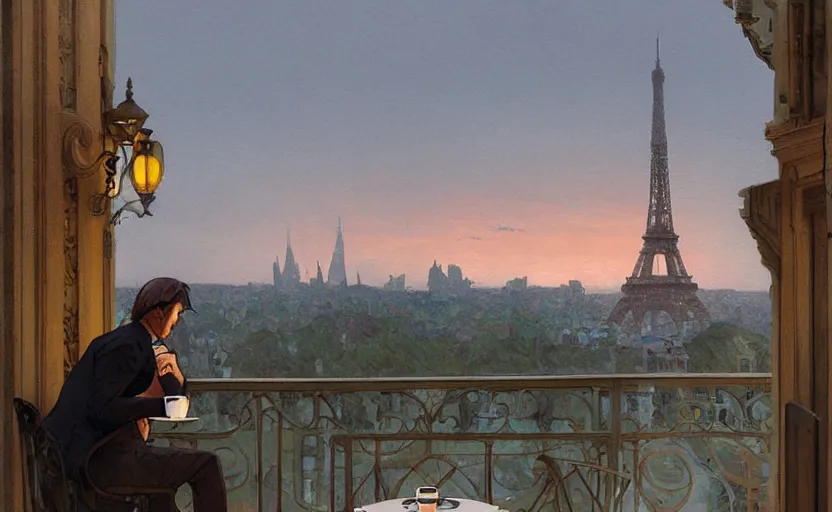 Image similar to elegant man drinking coffee at balcony in france, city with eiffel tower seen behind, moody sunset, late night, detailed characters, by greg rutkowski, alphonse mucha, beeple, sharp focus, digital art, smooth, light refraction, pixiv art, volumetric lighting, makoto shinkai