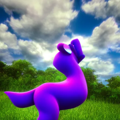 Image similar to a beautiful 3d render of a purple dog dancing, in the style of disney, dramatic clouds in background, the dog is doing a ballet dance, highly detailed, 8k resolution