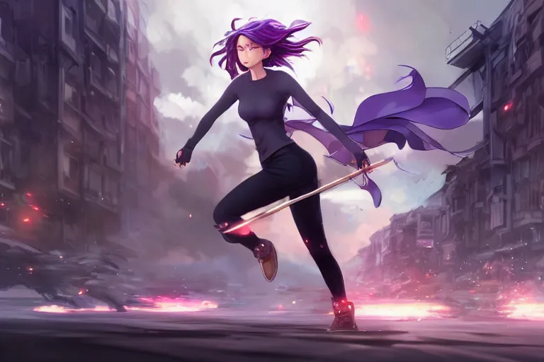 Image similar to A wide-angle anime still of Jennifer Lawrence with long purple hair running through urban battlefield by Stanley Artgerm Lau, WLOP, Rossdraws, James Jean, Andrei Riabovitchev, Marc Simonetti, and Sakimichan, trending on artstation