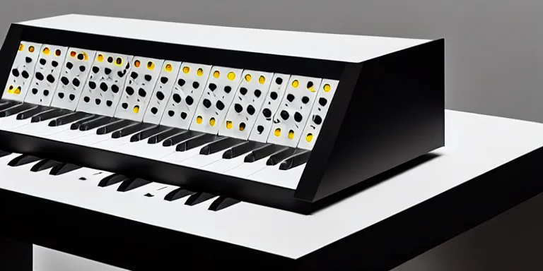 Prompt: dezeen showroom , minimalissimo, archdaily, , teenage engineering moad, mother of all decks, product design concept,product shot of moog melotron synthesizer with screen designed by jony ives, dieter rams, 8k, highly detailed photo