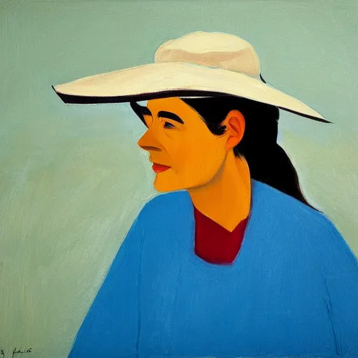 Prompt: woman with hat, by Alex Katz, colorful, oil on canvas