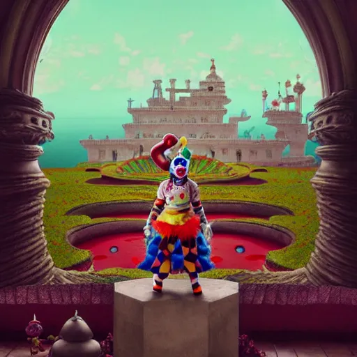 Image similar to clown character knight, infinite final fantasy candyland landscape fall god temple, moody : : wes anderson, roger dean, sophie anderson, esao andrews : : ornate, dynamic, particulate, intricate, elegant, highly detailed, centered, artstation, smooth, sharp focus, octane render, 3 d