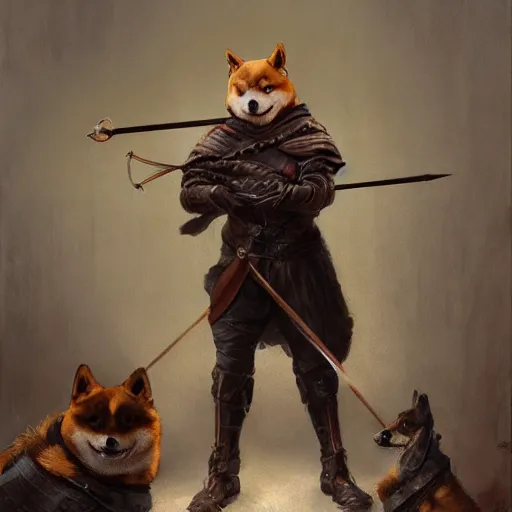 Image similar to anthropomorphic shiba inu, holding medieval crossbow, medieval armor, dark aura, fantasy, dark graveyard scene, portrait art by donato giancola and greg rutkowski, realistic face, digital art, trending on artstation, symmetry