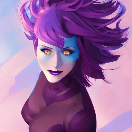 Prompt: beautiful female purple hair tattoo symmetrical face smiling stunning eyes full length fantasy art icon, 2d art cover , official fanart behance hd artstation by Jesper Ejsing, by RHADS, Makoto Shinkai and Lois van baarle, ilya kuvshinov, rossdraws