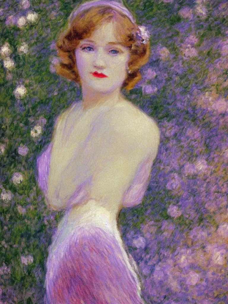 Prompt: portrait of < zelda fitzgerald > as a beautiful young lady wearing 1 9 2 0 s fashion, blurry face, fair, slim, fair, severe out of focus, depth of field, pleinairism, in the sun, backlit, closeup, oil on canvas, atr by monet, in the style of le promenade, smooth, impressionnisme, 8 k