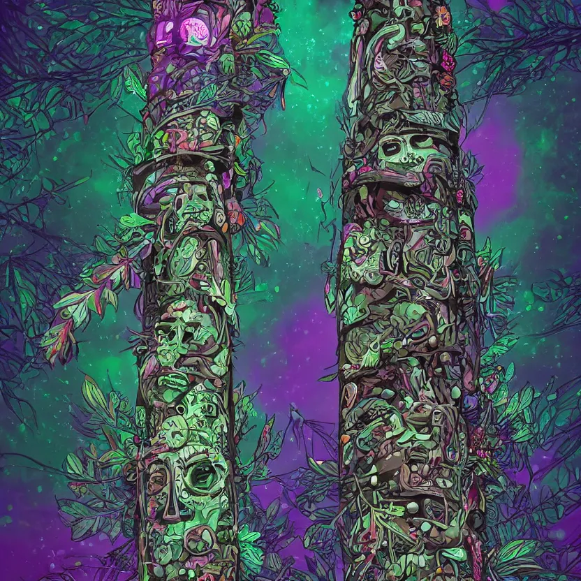 Prompt: close - up view of an indigenous totem pole glowing with magical fairy dust surrounded by dark foliage. whimsical fantasy art. highly detailed digital art. high contrast. dark background. trending on artstation