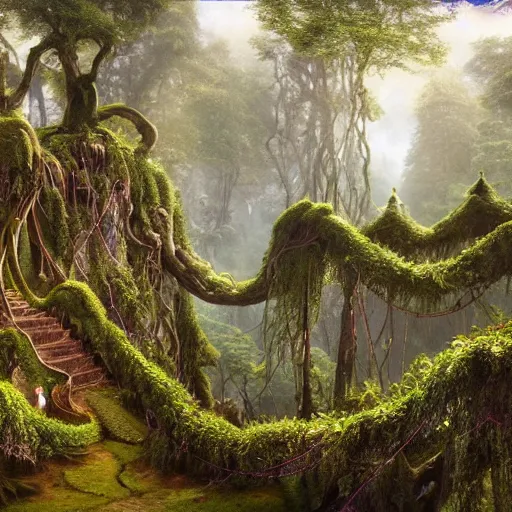Prompt: a beautiful and highly detailed matte painting of an elven temple in a magical fantasy garden in a lush forest in the mystical mountains, celtic knots, tangled trees, celtic knotted vines, intricate details, epic scale, insanely complex, 8 k, sharp focus, hyperrealism, very realistic, by caspar friedrich, albert bierstadt, james gurney, brian froud,