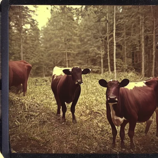 Image similar to polaroid photograph of several cows looking at the camera, in creepy forest, night, eyes glowing from camera flash