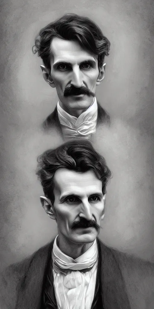 Image similar to portrait of nikola tesla, intricate, elegant, highly detailed, digital painting, artstation, concept art, smooth, sharp focus, illustration, art by artgerm and greg rutkowski and alphonse mucha and william - adolphe bouguereau