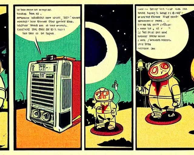 Image similar to three panels from a 1 9 3 0's comic book showing a big fat boombox, in front of a big moon, illustration, wide shot, muted colors, post grunge, concept art by josan gonzales and wlop, david rubin, mike mignola, laurie greasley, highly detailed, sharp focus, trending on artstation, hq, deviantart, art by artgem