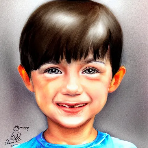 Prompt: a digital portrait of a 5 year old with black hair,hazel green eyes, drawn in the style of mark Arian