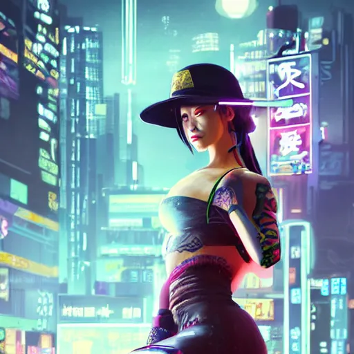 Prompt: Beautiful female samurai, with straw hat, cyberpunk 2077, city background, rainy night, neon glow concept art, sharp focus, intricate, digital painting, artstation, official media, anime key visual, highly detailed, rich vivid colors ambient lighting, illustration, art by Artgerm, Makoto Shinkai, Ilya Kuvshinov, Lois Van Baarle and Rossdraws