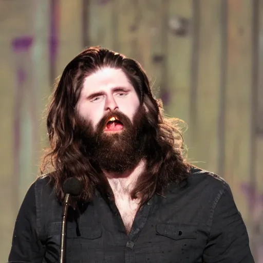 Image similar to bearded long - haired ross cheairs singing on stage