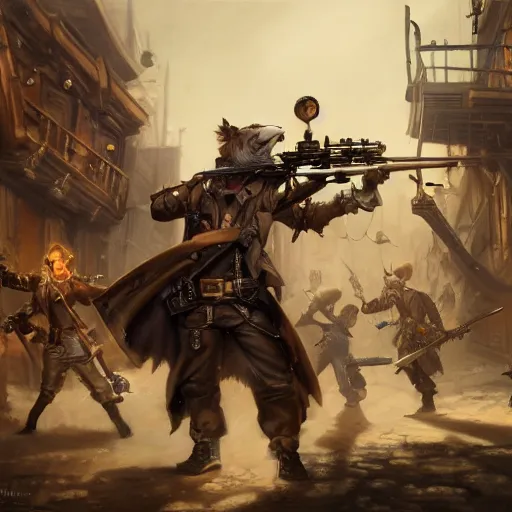 Image similar to oil painting of anthropomorphized hamster legion holding rifles, steampunk clothes, steampunk city background, sharp focus, fantasy style, octane render, volumetric lighting, 8k high definition, by greg rutkowski, highly detailed, trending on art Station, dungeons and dragons artwork, centered