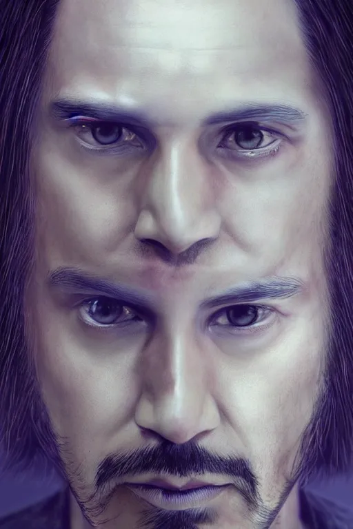 Prompt: cinematic portrait of an Keanu Reaves. Centered, uncut, unzoom, symmetry. charachter illustration. Dmt entity manifestation. Surreal render, ultra realistic, zenith view. Made by hakan hisim feat cameron gray and alex grey. Polished. Inspired by patricio clarey, heidi taillefer scifi painter glenn brown. Slightly Decorated with Sacred geometry and fractals. Extremely ornated. artstation, cgsociety, unreal engine, ray tracing, detailed illustration, hd, 4k, digital art, overdetailed art. Intricate omnious visionary concept art, shamanic arts ayahuasca trip illustration. Extremely psychedelic. Dslr, tiltshift, dof. 64megapixel. complementing colors. Remixed by lyzergium.art feat binx.ly and machine.delusions. zerg aesthetics. Trending on artstation, deviantart