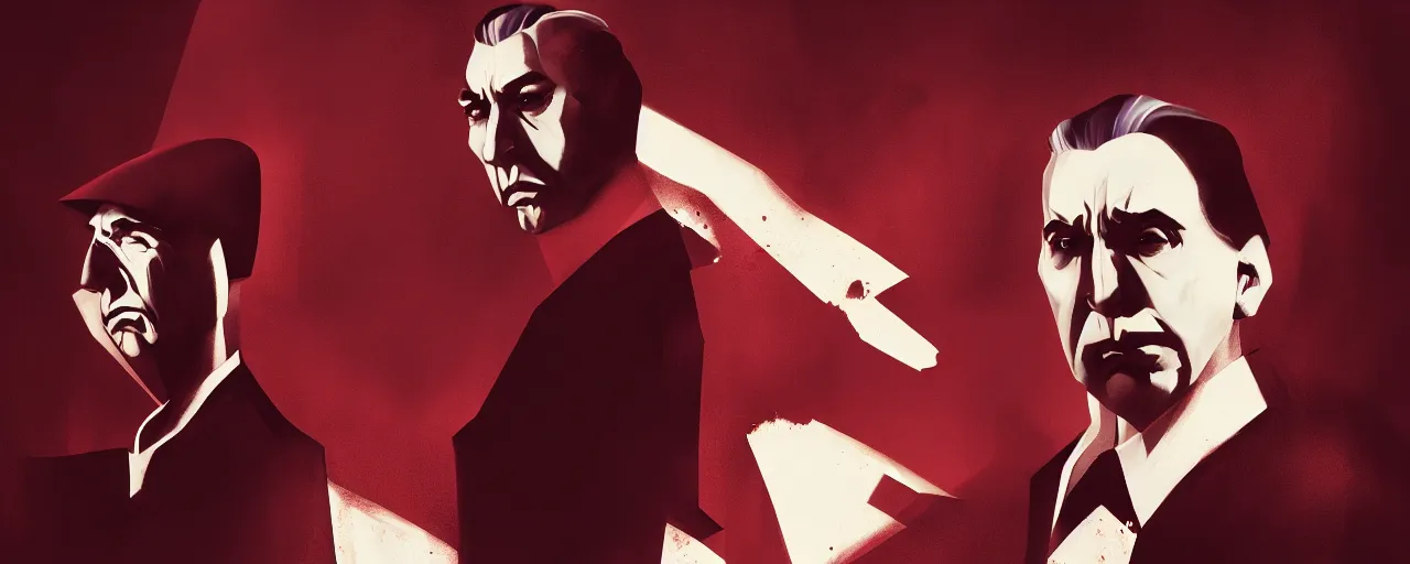 Image similar to duotone noir dark red white concept illustration 3 / 4 portrait of bela lugosi. cinematic scene film noir. volumetric lighting. golden rario accidental renaissance. by sachin teng and sergey kolesov and ruan jia and heng z. graffiti art, scifi, fantasy, hyper detailed. octane render. concept art. trending on artstation