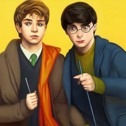 Image similar to Harry Potter and Percy Jackson unite by Raphael, Hopper, and Rene Magritte. detailed, romantic, enchanting, trending on artstation.