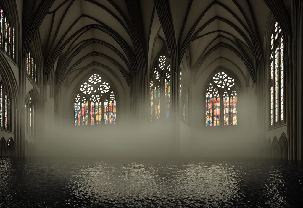 Image similar to kodak portra 4 0 0 photographic and realistic, interior of a gothic cathedral, detailed, octane render, unreal engine 5, 8 k, artstation, hyper realistic, wide angle, floor flooded how a lake, hole objects that float, 3 5 mm, sharp focus, soft light, epic volumetric light fog, in the style of gregory crewdson