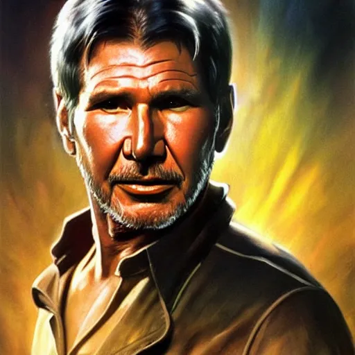 Prompt: ultra realistic portrait painting of harrison ford, art by frank frazetta, 4 k, ultra realistic, highly detailed, epic lighting