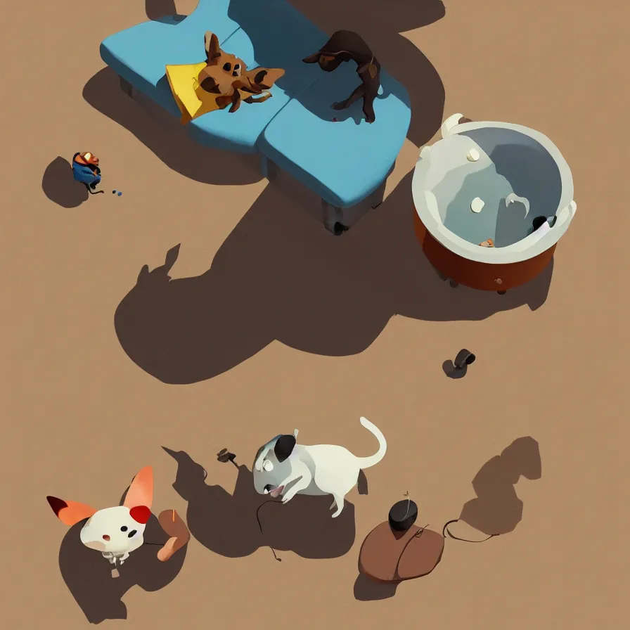 Prompt: Goro Fujita illustrating a dog looking down from the top of the sofa at his food bowl, art by Goro Fujita, sharp focus, highly detailed, ArtStation