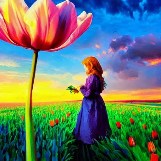 Prompt: dutch girl with one giant tulip as a face, surreal photography, flower field, sunset dramatic light, impressionist painting, colorful clouds, blue sky, digital painting, artstation, simon stalenhag