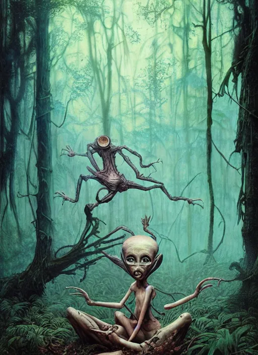 Image similar to hyper realistic magic alien in the woods in a river gorgeous lighting, lush forest foliage blue sky a hyper realistic ink drawing by chiara bautista and beksinski and norman rockwell and greg rutkowski, tom bagshaw weta studio, and lucasfilm