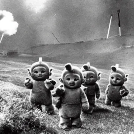 Image similar to teletubbies in a trench during world war 2