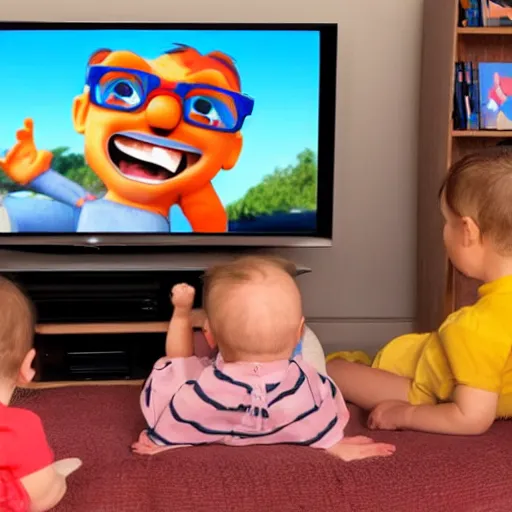 Image similar to baby looking at a tv. blippi is on the tv screen, award winning, cinematic, photorealistic, 8 k