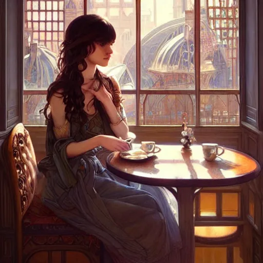 Prompt: a beautiful girl with brown hair and bangs, sitting in a cafe, fantasy, intricate, elegant, highly detailed, digital painting, artstation, concept art, matte, sharp focus, illustration, art by Artgerm and Greg Rutkowski and Alphonse Mucha