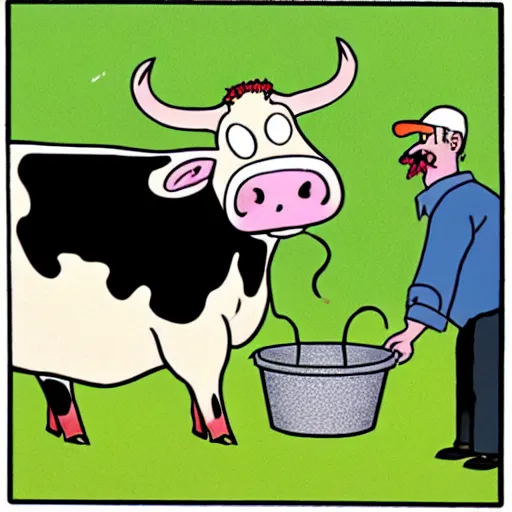 Image similar to a cow points at a bucket, illustrated by gary larson